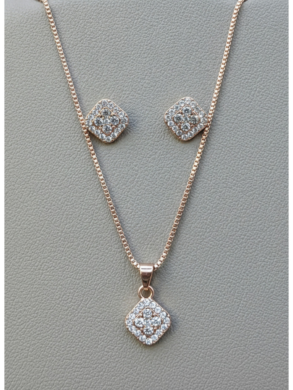 candy+clover Rose gold square crystal pave pendant necklace and earrings set
